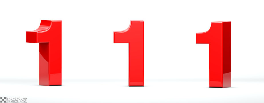 Number 1 of red color in 3 positions. 3d Render illustration at different angles: Front, right side, left side. White background, isolated.