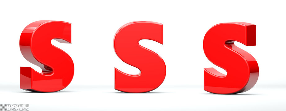 Letter S of red color in 3 positions. 3d Render illustration at different angles: Front, right side, left side. White background, isolated.