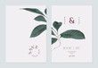Minimalist foliage wedding invitation card template design, dark green   leaves on light grey