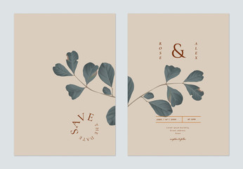 Wall Mural - minimalist foliage wedding invitation card template design, dark green bushwillows leaves on brown