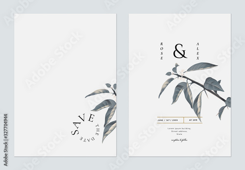 Minimalist foliage wedding invitation card template design, blue lime leaves ...