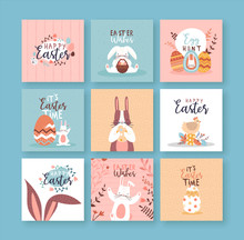 Happy Easter Cute Rabbit Spring Flower Card Set