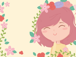 Sticker - cute smiling woman flowers leaves decoration cartoon