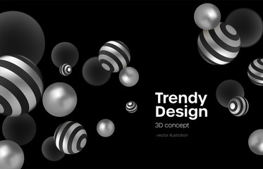 Wall Mural - Abstract background with realistic blackand silver bubblesdynamic 3d spheres. Modern trendy banner or poster design. Vector illustration