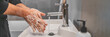 © Maridav - Corona virus travel prevention wash hands with soap and hot water. Hand hygiene for coronavirus outbreak. Protection by washing hands frequently concept panoramic banner header.