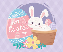 Happy Easter Day, Rabbit In Basket Lettering Painted Egg Flowers Decoration