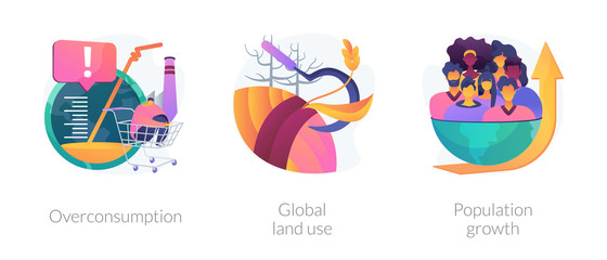 Eco problems. Bad land management idea. Human overpopulation, resource depletion. Overconsumption, global land use, population growth metaphors. Vector isolated concept metaphor illustrations