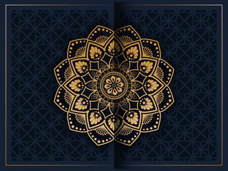 Pattern with golden ornament mandala on navy blue background for invitation, postcard background