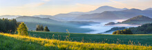 Panoramic View Of A Picturesque Valley In The Morning Light. Fog, Meadows And Morning Light. Spring Rural Landscape, Altay Mountains.