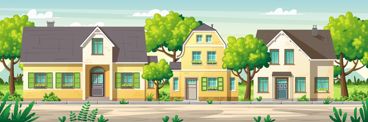 Wall Mural - Modern houses with garden on a street in summer. Vector Illustrations with separate layers. Concept for banner, web background and templates.