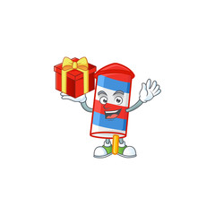 Sticker - cartoon character of rocket USA stripes with a box of gift