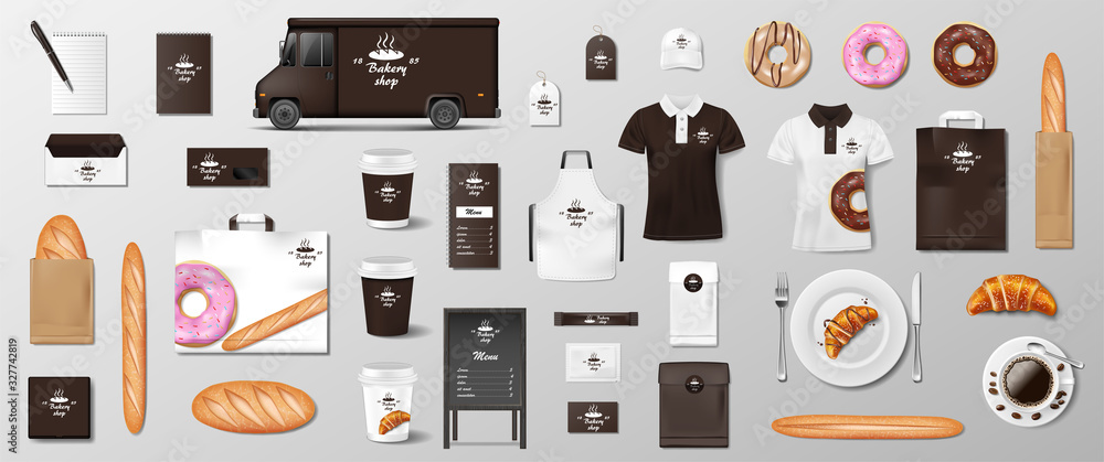 Download Mockup Set For Bakery Shop Cafe Restaurant Brand Identity Realistic Bakery Package Mockup Cup Pack Uniform Shirt Baguette Croissant Paper Bag Apron Isolated Vector Wall Mural Sergey985