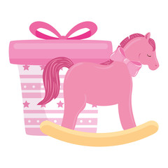 Canvas Print - wooden horse toy with gift box pink vector illustration design