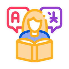 Poster - Woman Learning Language Icon Thin Line Vector. Girl With Dictionary Reading Book For Study Foreign Language Color Symbol Illustration