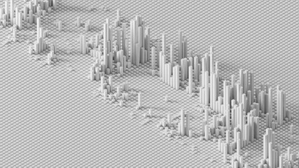 Fototapete - 3d render of grid of blocks with pushing up details. Complex digital and analysing concept. Technology background. Loop sequence.