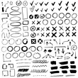 Hand drawn check signs. Doodle black check marks and underlines, cross, circles, arrow mark for list items, yes or no checklist vector icons