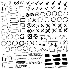 Hand drawn check signs. Doodle black check marks and underlines, cross, circles, arrow mark for list items, yes or no checklist vector icons