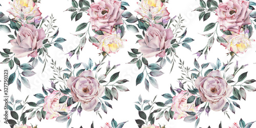 Naklejka ścienna Seamless floral pattern with flowers on light background, watercolor. Template design for textiles, interior, clothes, wallpaper. Botanical art