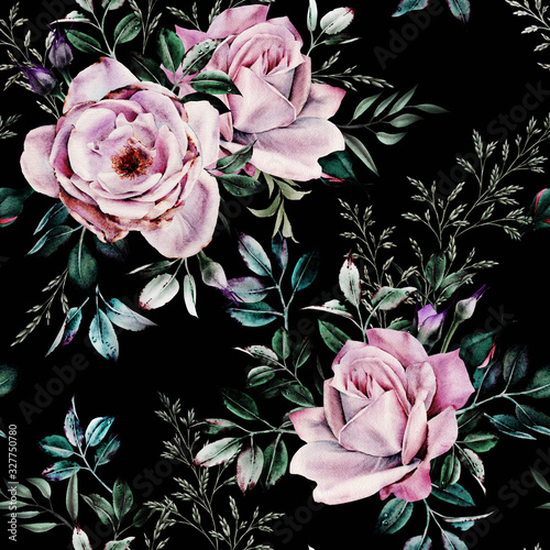 Nowoczesny obraz na płótnie Seamless floral pattern with flowers on dark background, watercolor. Template design for textiles, interior, clothes, wallpaper. Botanical art