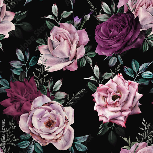 Nowoczesny obraz na płótnie Seamless floral pattern with flowers on dark background, watercolor. Template design for textiles, interior, clothes, wallpaper. Botanical art