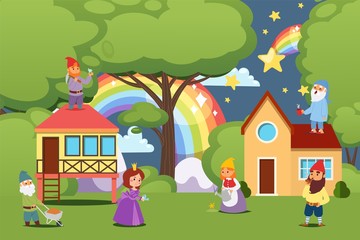 Gnomes in fairy tale village, cute dwarf cartoon character in fantasy world, vector illustration. Children book story, happy men and women dress in costume, flat style houses on magic meadow fairytale