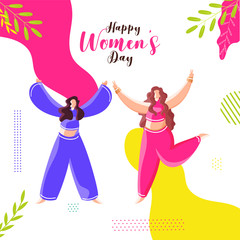 Poster - Cartoon Young Girls Dancing with Leaves Decorated on Abstract Background for Happy Women's Day Celebration.