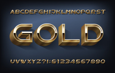 Fototapete - Gold alphabet font. 3d modern golden letters and numbers. Stock vector typeset for your design.