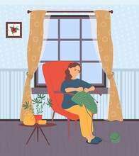 Hobby Of Woman Vector, Lady Knitting At Home Sitting In Armchair. Interest Of Character Spending Time At House. Leisure Of Person With Threads And Needles