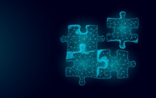 3D Puzzle Pieces Joined Together. Teamwork Business Concept. Creative Idea Problem Solution Cooperation. Low Poly Blue Dark Glowing Light Strategy Match Part Game Vector Illustration