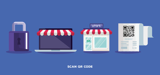 qr code paper store laptop and padlock design of technology scan information business price communication barcode digital and data theme Vector illustration