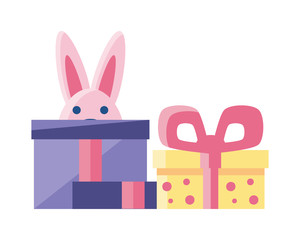 Sticker - cute rabbit with gift boxes on white background