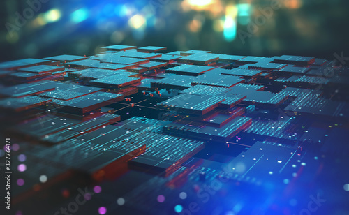 Cuadros en Lienzo Blockchain, high-tech background and information clusters