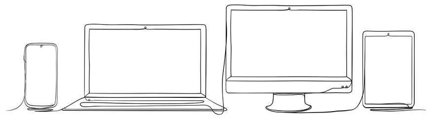 Poster - Mobile Phone, Laptop, Computer Monitor and Tablet PC. Hand Drawn Continuous Line Art Vector Illustration.