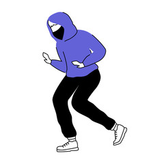 Poster - Man in mask and hoodie flat silhouette vector illustration. Suspicious person. Cautious guy. Wrongdoer. Questionable activity. 2D isolated outline character on white background. Simple style drawing