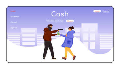 Poster - Cash theft landing page flat color vector template. Thief stealing money from female citizen. Armed robbery. Homepage layout. One page website interface with cartoon character. Web banner, webpage