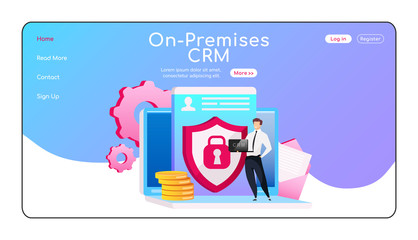 Poster - On premises CRM landing page flat color vector template. Man standing on laptop homepage layout. Data security one page website interface with cartoon character. Computer software web banner, webpage