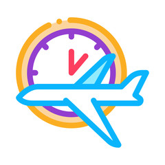 Poster - Plane Fly Time Or Lateness Icon Thin Line Vector. Flying Airplane And Time Clock Watch Concept Linear Pictogram. Air Transport Aircraft Color Symbol Illustration