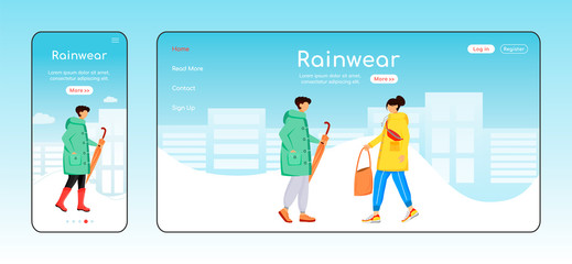 Poster - Rainwear landing page flat color vector template. Mobile display. Raincoat and boots homepage layout. Male with leaves one page website interface with cartoon character. Rainy day web banner, webpage
