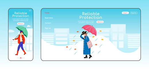 Poster - Reliable protection landing page flat color vector template. Mobile display. Rainywear homepage layout. Fashionable woman one page website interface, cartoon character. Rainy day web banner, webpage
