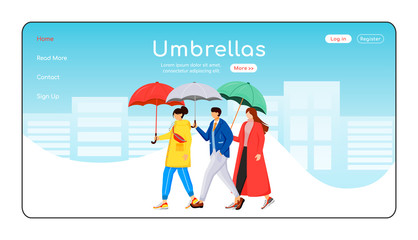Poster - Umbrellas landing page flat color vector template. People in raincoats homepage layout. Rainy weather one page website interface with cartoon character. Walking crowd web banner, webpage