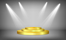 Round Gold Podium Illuminated By Spotlights On A Gray Background. Vector Illustration