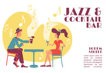 Jazz And Cocktail Bar Banner Flat Vector Template. Retro Cafe. 50s Style Party Invitation. Brochure, Poster Concept Design With Cartoon Characters. Horizontal Flyer, Leaflet With Place For Text