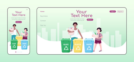 Poster - Containers for garbage sorting adaptive landing page flat color vector template. Waste management mobile and PC homepage layout. Trash separation one page website UI. Webpage cross platform design