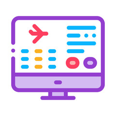 Poster - Flight Information Web Site Icon Thin Line Vector. Flight Info On Computer Screen Concept Linear Pictogram. Air Transport Aircraft Color Symbol Illustration