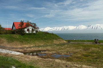 Sticker - Iceland summer landscape. Fjord, house, mountains