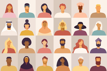 Set of avatars of male and female cartoon characters. People with various nationality and hairstyle. Collection of vector portraits in simple flat design. 
