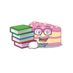 Sticker - mascot cartoon of strawberry slice cake studying with book