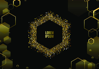 Vector eps 10 golden particles. Glowing yellow bokeh hexagons abstract gold luxury background. Shiny golden glitter dust abstract hexagons isolated on dark background. Black and gold cover design.