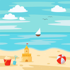 Vector cartoon beach scene with sand castle, bucket, shovel and beach. Summer vacation.