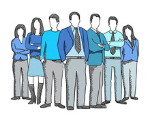 Business Teamwork People Sketch. Company Business Group Office Clerks. Staff And Manager. Hand Drawn. Hatched Drawing Picture. Blue Suit. Vector.